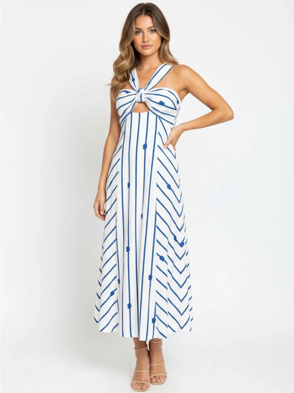 ANTONIO MELANI White and Blue Striped Knot-Front Maxi Dress - Picture 1 of 12